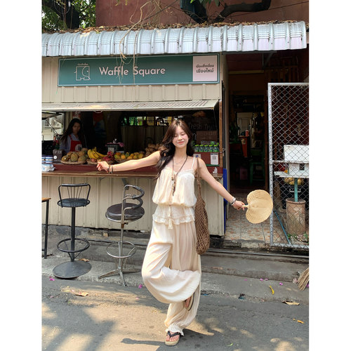 DDang 亚麻花苞裤吊带套装2026夏季复古度假休闲凉感蕾丝上衣女 - 图3