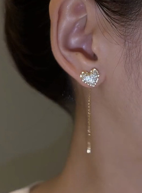 S925银针抖音同款微镶锆石爱心耳线耳环女轻奢气质简约百搭耳饰