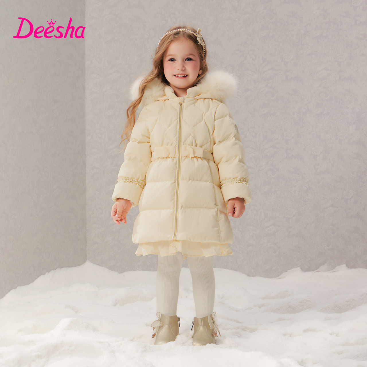 笛莎童装女童中长款羽绒服冬季新款儿童女孩宝宝毛领加厚收腰外套 - 图0