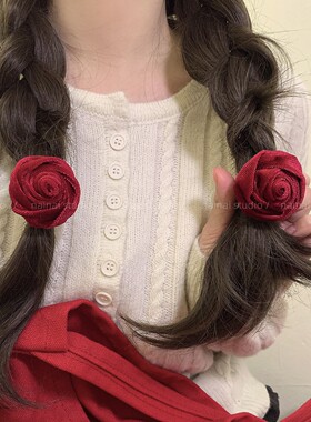丝绒玫瑰花发圈~2只装！复古法式红色花朵发绳头绳高级感发饰女A
