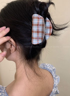 蓝色格纹抓夹~英伦学院风经典复古高级盘发鲨鱼夹公主头老钱发饰