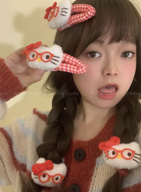 红色KT发夹发圈~甜美少女心可爱猫咪蝴蝶结侧边夹刘海夹发饰头饰