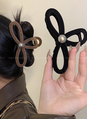 珍珠蝴蝶结抓夹~植绒2026秋冬新款后脑勺盘发鲨鱼夹发夹发饰头饰A