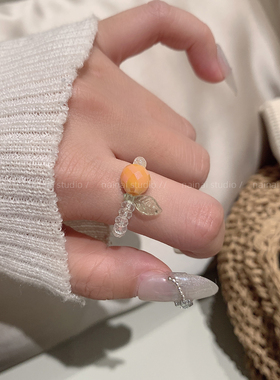 橘子柠檬透明串珠戒指~轻奢水果弹力可调节食指戒2026新款指环