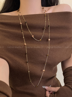 vintage风虎眼石项链~复古珍珠长款毛衣链高级感双层叠戴秋冬配饰