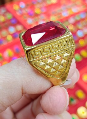 百搭款男士戒指红绿蓝宝石男款戒指黄铜托镀18K送长辈朋友礼物