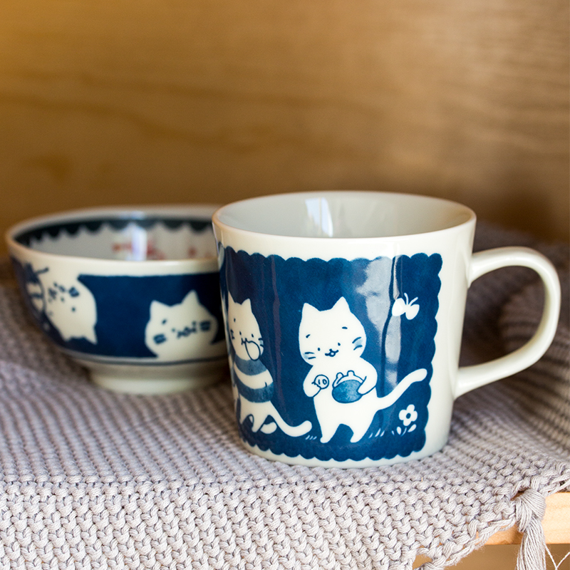 Lewu日本制釉下彩陶瓷马克杯可爱猫咪水杯进口卡通家用杯子咖啡杯