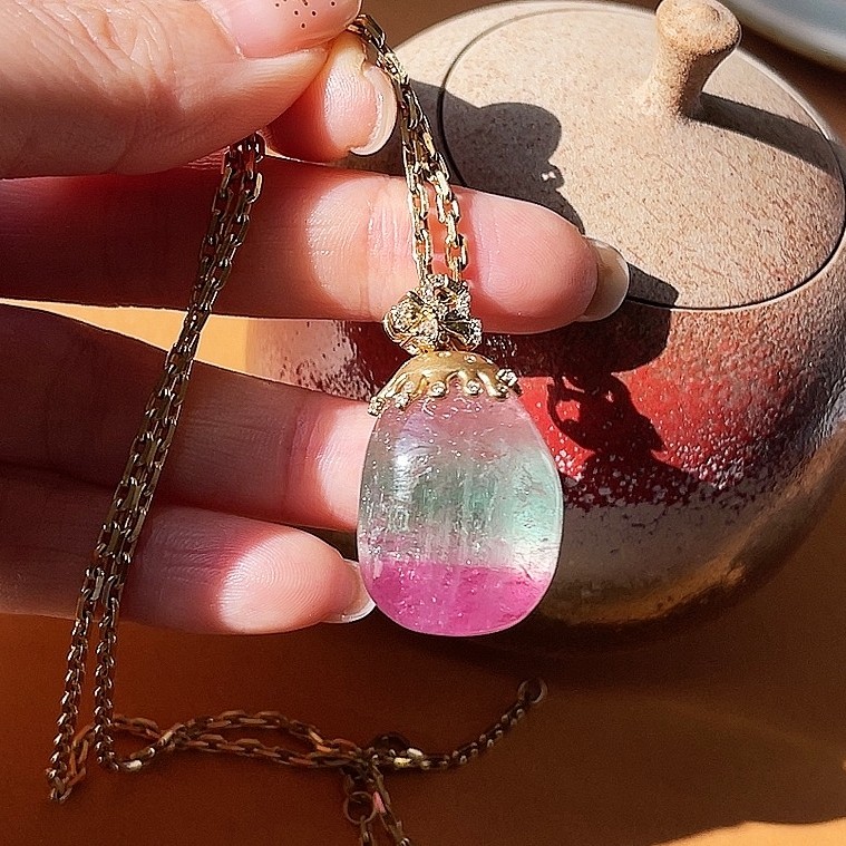 媚花奴 18K金吊坠镶嵌天然碧玺西瓜色圆蛋大吊坠挂件 娇艳款,淘宝优惠券,粉丝福利购,淘宝优惠卷