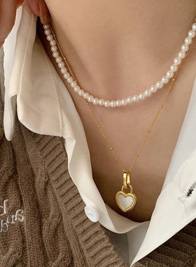 925纯银爱心项链镀18K金白贝母玛瑙吊坠轻奢小众锁骨链女礼物