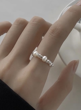 925纯银珍珠戒指开口戒指ins风