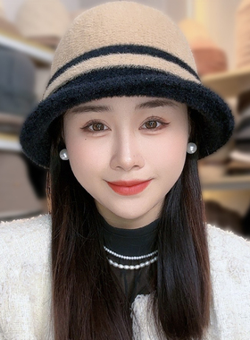 时尚拼色帽子女冬款保暖2026新款护耳毛绒洋气百搭妈妈盆帽渔夫帽