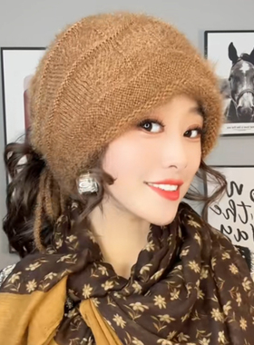 可扎马尾抽绳包头帽冬款帽子女