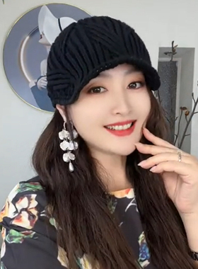 2025新款针织鸭舌帽女前进帽春秋保暖时尚洋气毛线帽遮白发帽子女