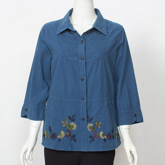 中老年女装纯棉七分袖衬衫大码妈妈装全棉绣花上衣2023夏季新薄款