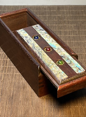 仿古血檀木镶嵌螺钿贝壳珠子长方形抽拉盒首饰盒手串盒18x8x6cm
