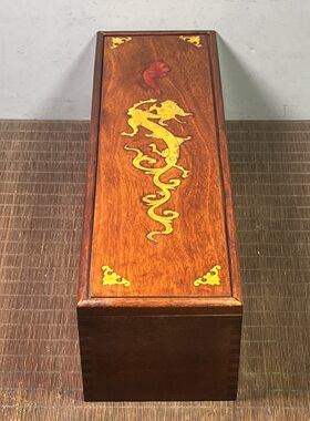 仿古花梨木镶贝壳画盒收纳盒龙行天下实木雕刻长盒约44*14*13cm