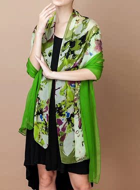 长款双色拼接真丝丝巾女披肩100%桑蚕丝围巾春秋季薄款油画风纱巾