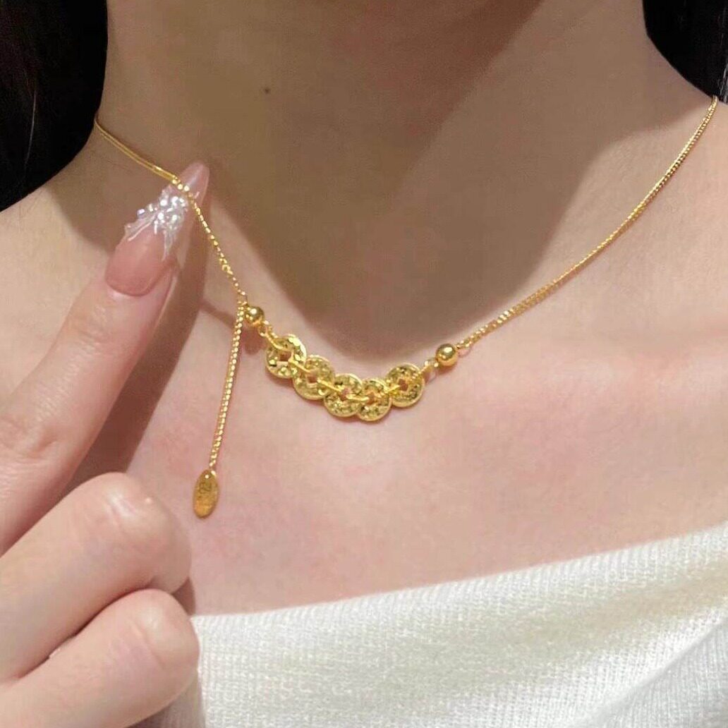 五帝钱币流苏s925银项链女新中式古法金色碎碎冰吊坠锁骨链