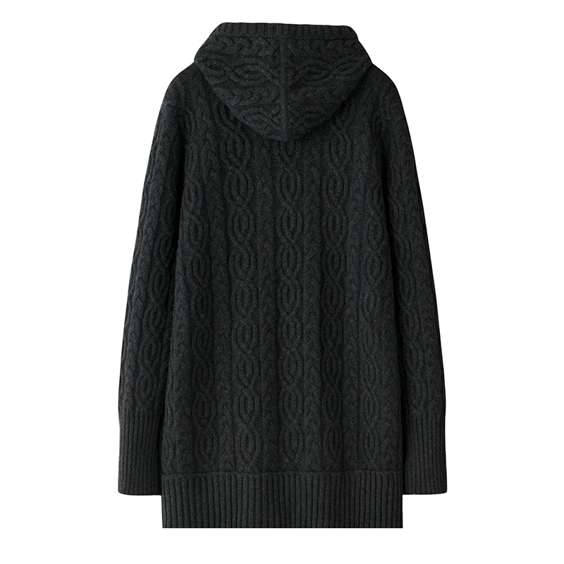 粗针加厚4股中长款~100山羊绒连帽女开衫鄂尔多斯市绞花大衣外套 - 图1