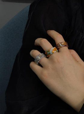 复古小众树脂晕染戒指女日韩简约气质冷淡风指环个性气质食指戒