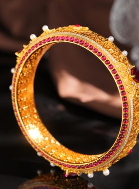 VISING珠宝培育红宝石【国检】黄金色手镯国风花丝镶嵌S925银镯子