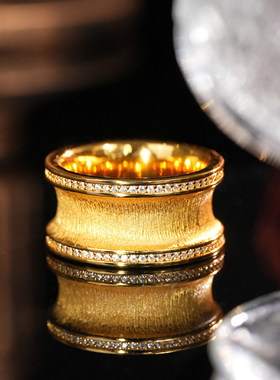 VISING珠宝培育红宝石足金色拉丝戒指指环宽版超重工10克左右