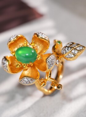 VISING珠宝天然绿玉髓黄金色花朵花开富贵藤蔓开口设计戒指S925