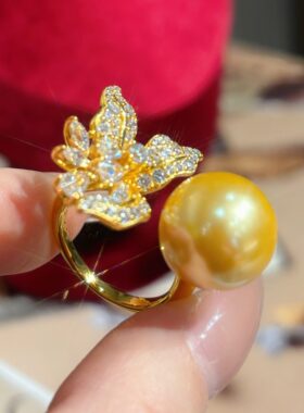 VISING珠宝【鸢尾花】黄金色金贝珠仿珍珠戒指S925银活口14mm金珠