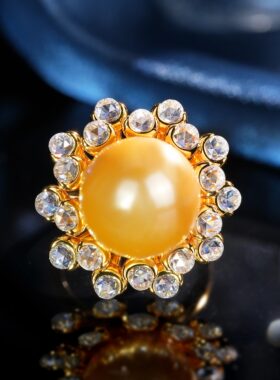 VISING珠宝爆闪玫瑰切钻黄金色贝珠金珠戒指S925银