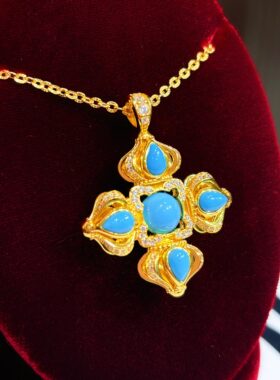 VISING【十字金刚杵】人造仿蓝松睡美人项链吊坠毛衣链黄金色S925