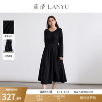 Blue Language Big Code Woman Dress Fat Mm Retro Heben Wind Round Collar Dress 2024 Springy Black Conspicuic Skinny Dresses