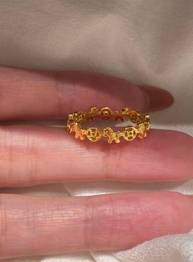 马上有钱金色木马铜钱戒指女2026