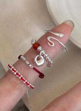 碎银子红色编织戒指女2025新款