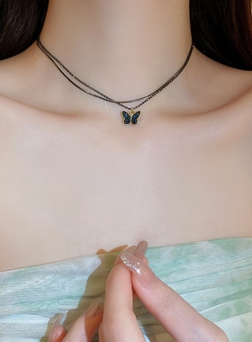 黑色蝴蝶项链女2025新款轻奢小众