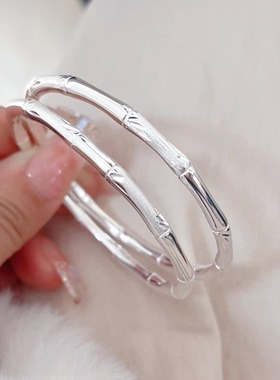竹节银手镯女款S925纯银实心开口
