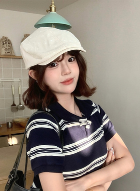 复古小香风格纹显脸小前进帽女