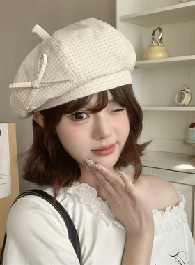 韩版格纹贝雷帽女四季百搭显脸小黑色画家帽甜美可爱