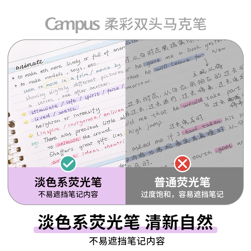 日本KOKUYO国誉Campus淡彩色系双头马克笔荧光笔小学生儿童美术绘画划重点做手帐标记号笔WSG-PM斜头水性墨水 - 图2