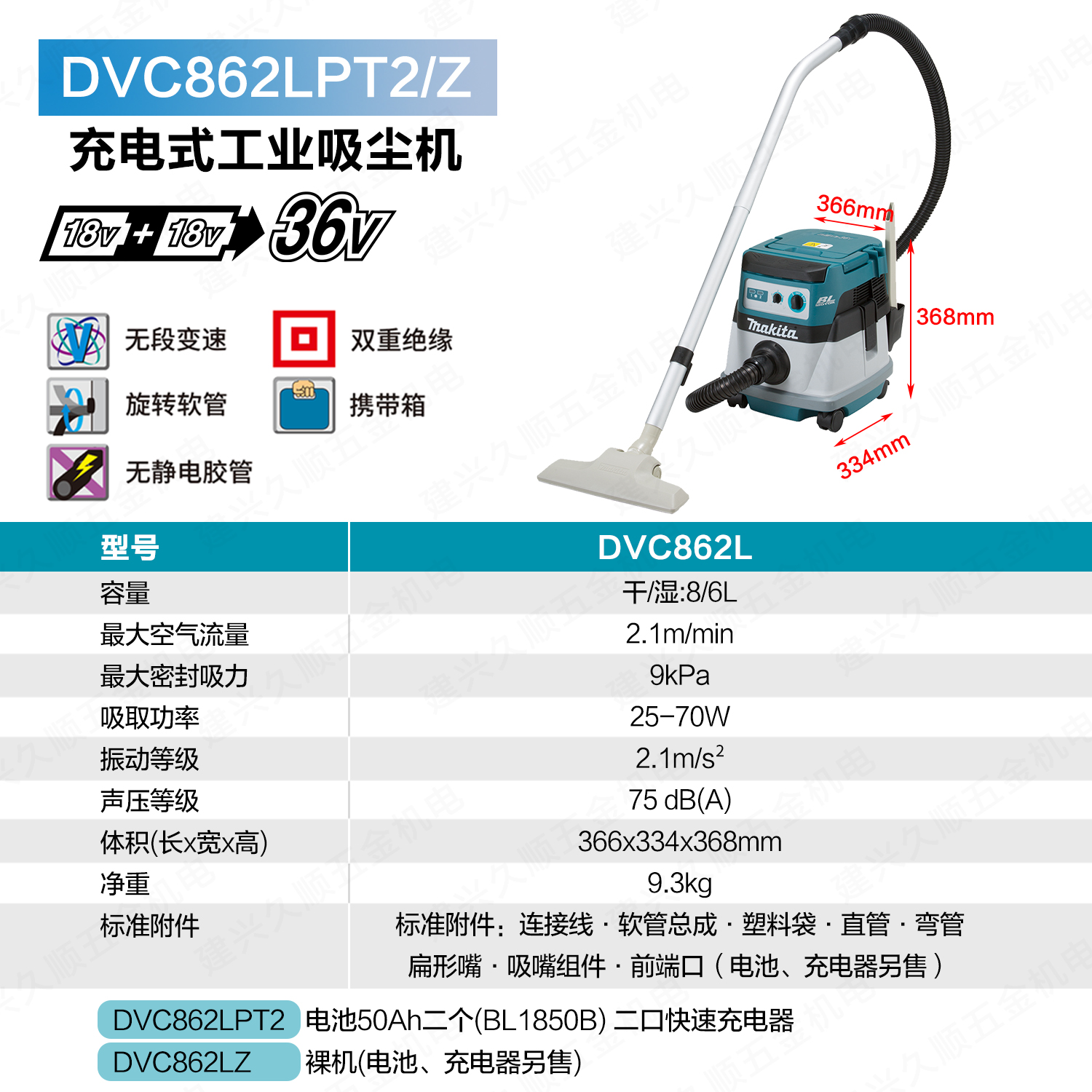 牧田Makita充电式吸尘器直流两用DVC862LPT2/Z干式湿式 - 图2