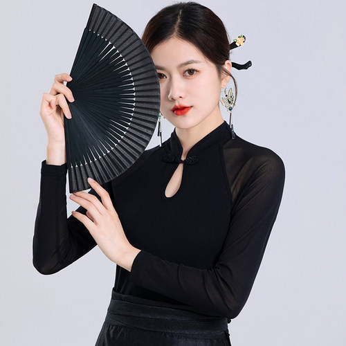 新中式网纱长袖t恤女2026年秋季新款盘扣小衫内搭蕾丝打底衫上衣 - 图0