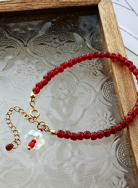 花糖｜本命红色琉璃珠酒红色小众设计串珠手链百搭轻复古款饰品