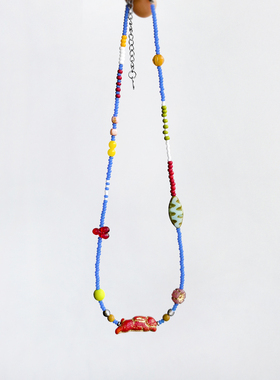 设计款童趣捷克琉璃红色兔子串珠彩色米珠项链