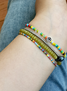 花糖｜夏日多巴胺｜混色彩珠琉璃串珠手链混搭叠戴925银笑脸手链