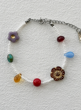 花糖\可爱彩色简约清新风复古手工串珠手链捷克琉璃礼物手串