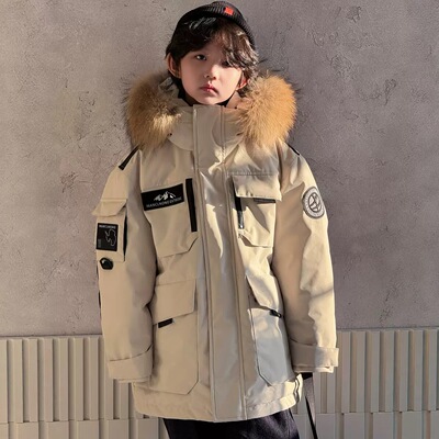 韩国红色儿童工装羽绒服中大童加厚90绒男女童防风大毛领冲锋衣潮