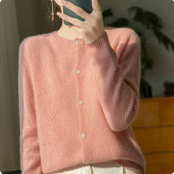 Newnew wool hollow cardigan ແມ່ຍິງພາກຮຽນ spring ໃຫມ່ວ່າງ cashmere knitted sweater ແຂງຄໍຕະຫຼອດ