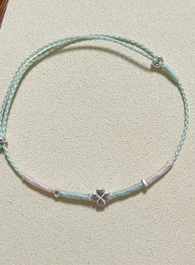 S925纯银四叶草手链马卡龙色系可调节多色手编绳