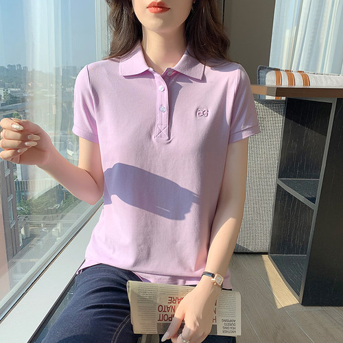 新款翻领珠地纯棉t恤女装2025夏季短袖polo衫半袖上衣休闲团体服 - 图1