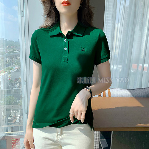 新款翻领珠地纯棉t恤女装2025夏季短袖polo衫半袖上衣休闲团体服 - 图3