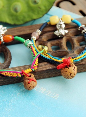 925纯银家和智慧福星宝宝天使桃核桃篮小鞋彩绳精致手链两款